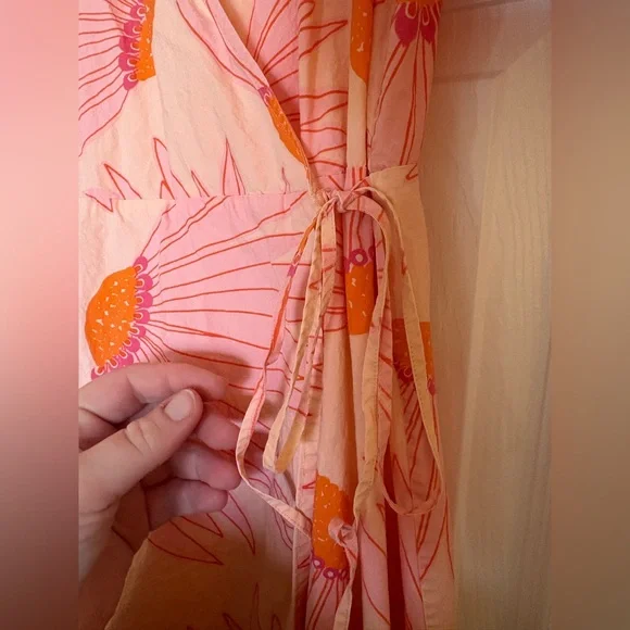 Kate Spade Falling Flower Wrap Midi Dress Pink Orange Puff Sleeve Size 4 - Picture 9 of 16